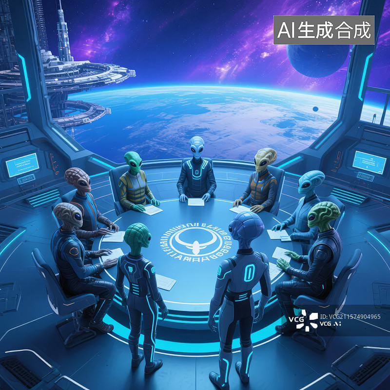 【AI数字艺术】未来太空会议场景图片素材