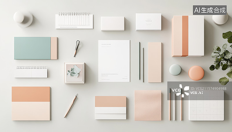 【AI数字艺术】简约办公文具与装饰品排列图片素材