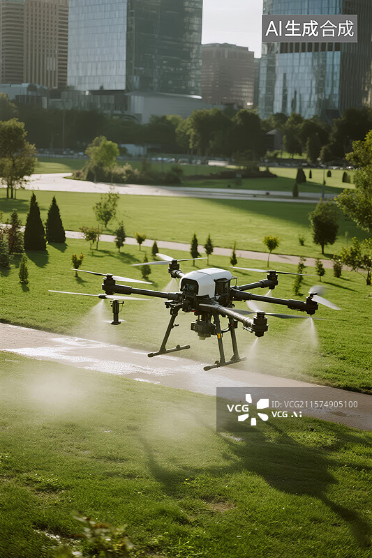 【AI数字艺术】无人机在城市公园低空飞行图片素材