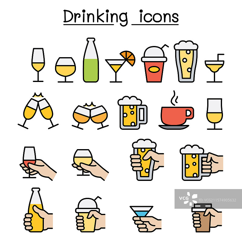 手持饮水杯的彩色线条图标集图片素材