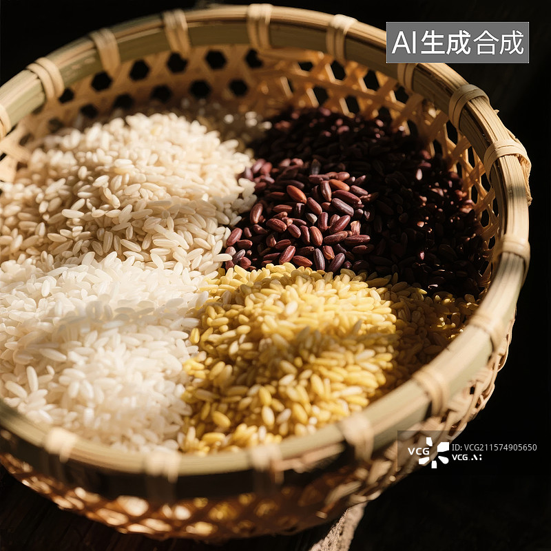 【AI数字艺术】竹篮中分隔的多种米粒图片素材