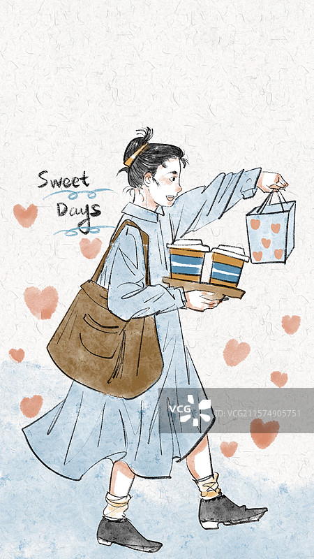 清新治愈励志手绘风手机时尚人物壁纸图片素材