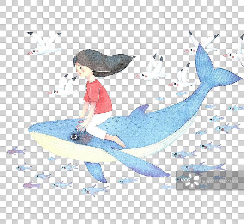 水彩插画 免抠人物 骑着鲸鱼上的女孩图片素材