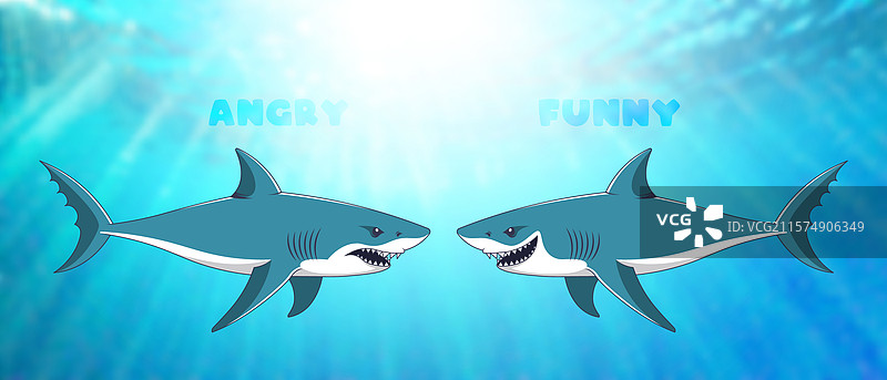 卡通情感鲨鱼，愤怒与微笑并存图片素材