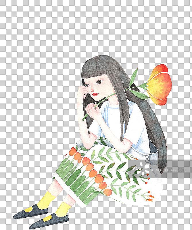 水彩插画 免抠人物 坐在花丛中的女孩图片素材