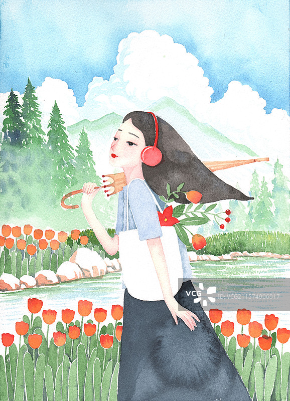水彩插画 手绘 河边扛着伞的漂亮女孩图片素材