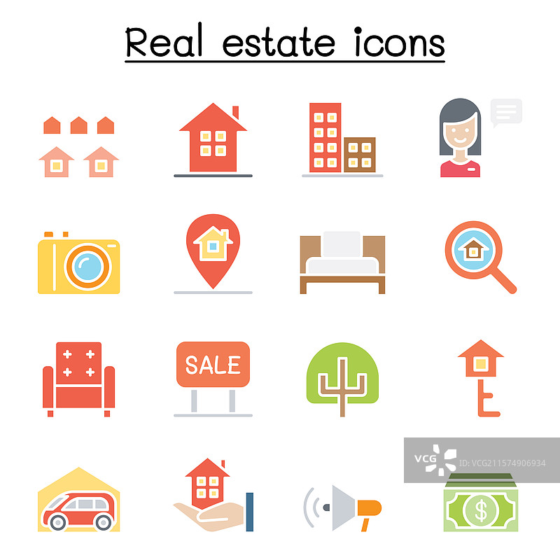 房地产图标集，扁平色彩风格图片素材