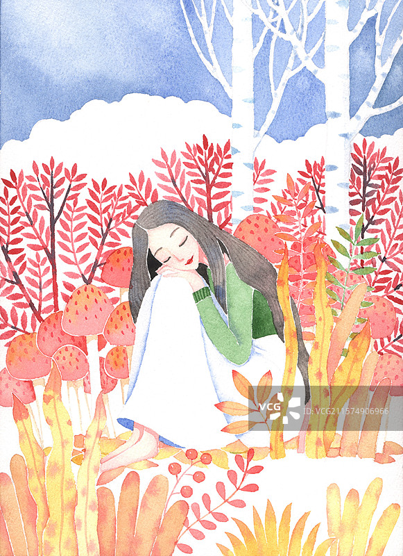 水彩插画 手绘 坐在草丛中的女孩图片素材