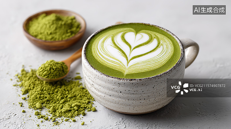 【AI数字艺术】白色背景下的抹茶粉和一杯抹茶拿铁图片素材