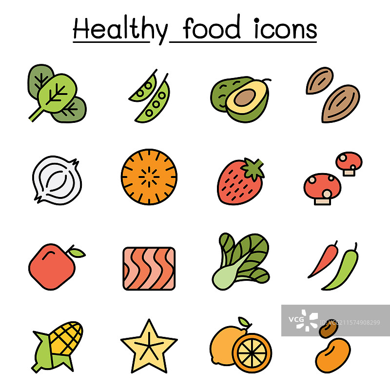 彩色线条风格的健康食品图标集图片素材