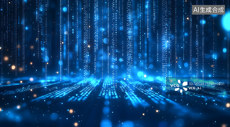 【AI数字艺术】蓝色光线在虚拟空间中垂直流动，充满未来感，抽象发光的蓝色数字化科技，未来主义城市灯光和空中流动的数据图片素材