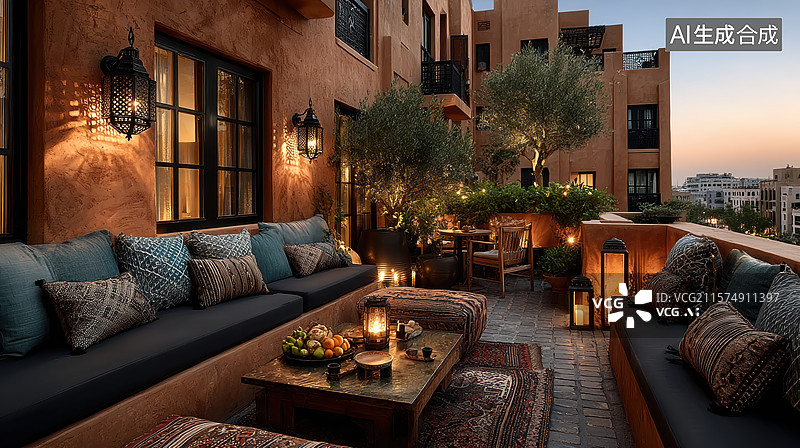 【AI数字艺术】温馨露台夜景，灯光与绿植点缀图片素材