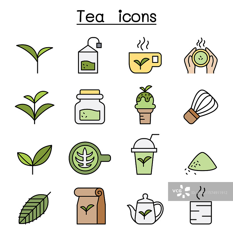 彩色线条风格的茶图标集图片素材