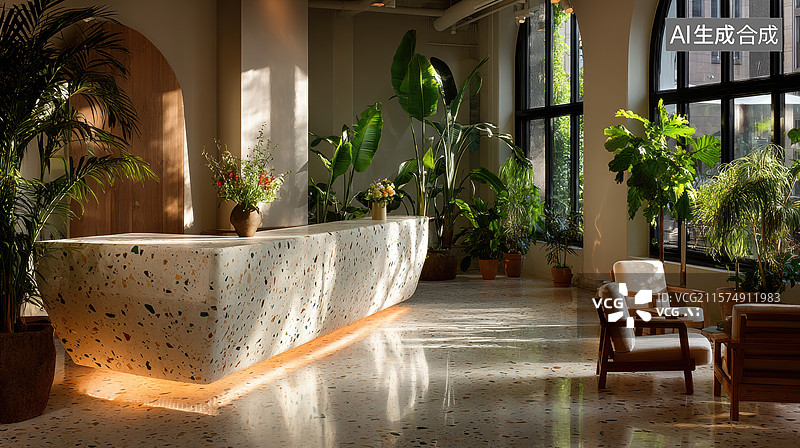 【AI数字艺术】明亮室内空间，绿植环绕的接待台图片素材
