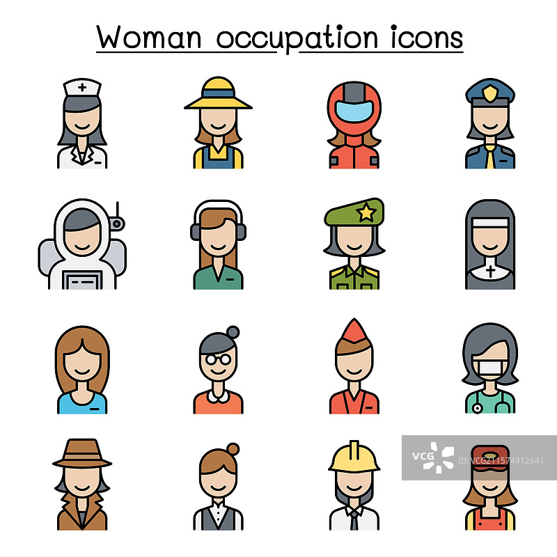 女性职业生涯图标彩色线条集合图片素材