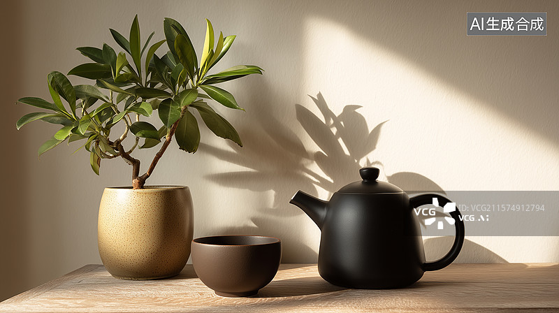 【AI数字艺术】现代亚洲茶艺布置：简约平衡的静谧之美图片素材