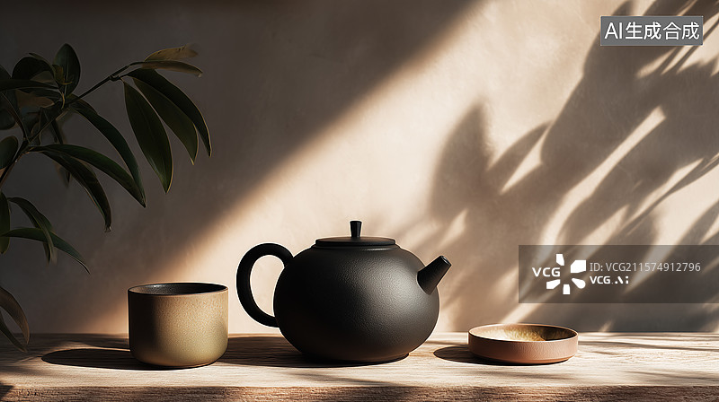 【AI数字艺术】现代亚洲茶艺布置：简约平衡的静谧之美图片素材