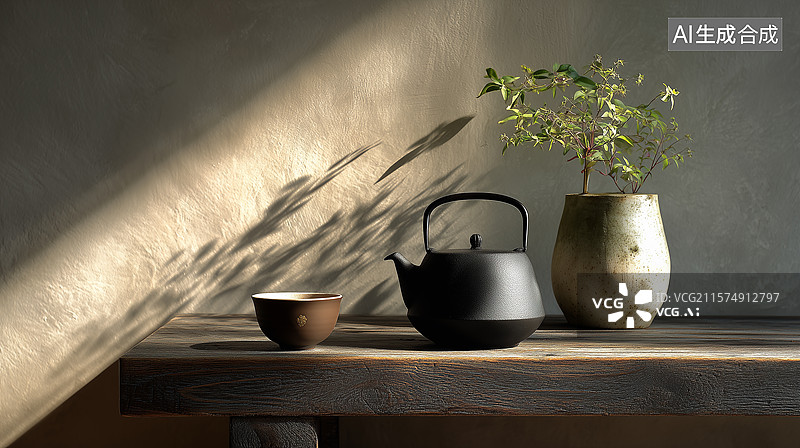 【AI数字艺术】现代亚洲茶艺布置：简约平衡的静谧之美图片素材