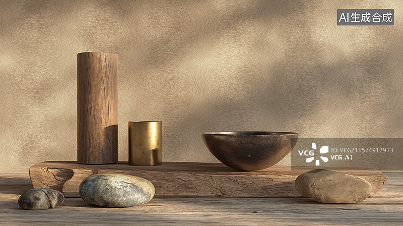 【AI数字艺术】侘寂风室内场景：柔和光线下的自然韵味图片素材