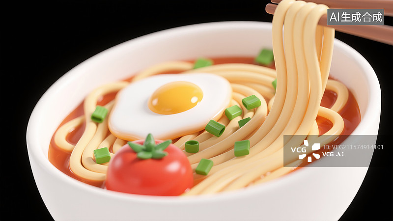 【AI数字艺术】清汤高汤特色挂面面条插画3D卡通风格的番茄鸡蛋面汤配葱花烹饪艺术杂志封面海报生活方式图片素材