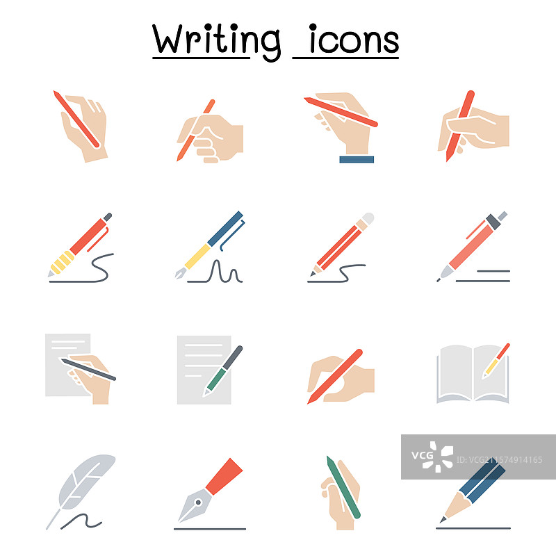 扁平色彩风格的写作图标集图片素材