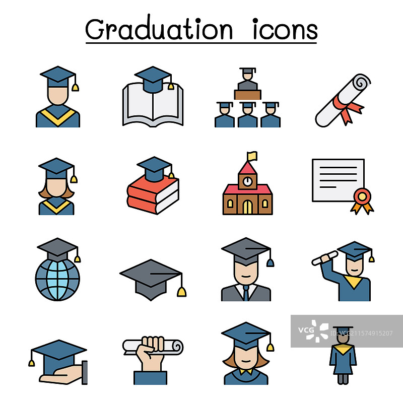 彩色线条风格的毕业图标集图片素材
