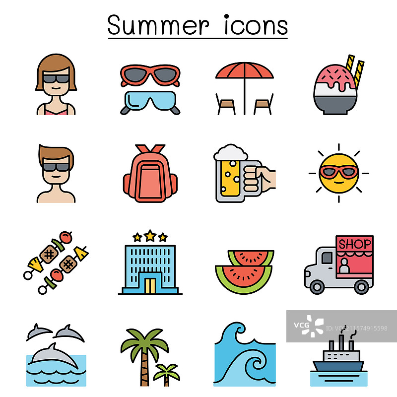 夏季图标集，线条风格图片素材