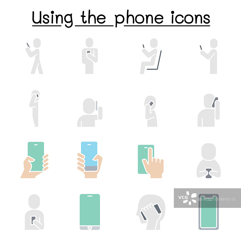 人们使用智能手机图标集（细线风格）图片素材