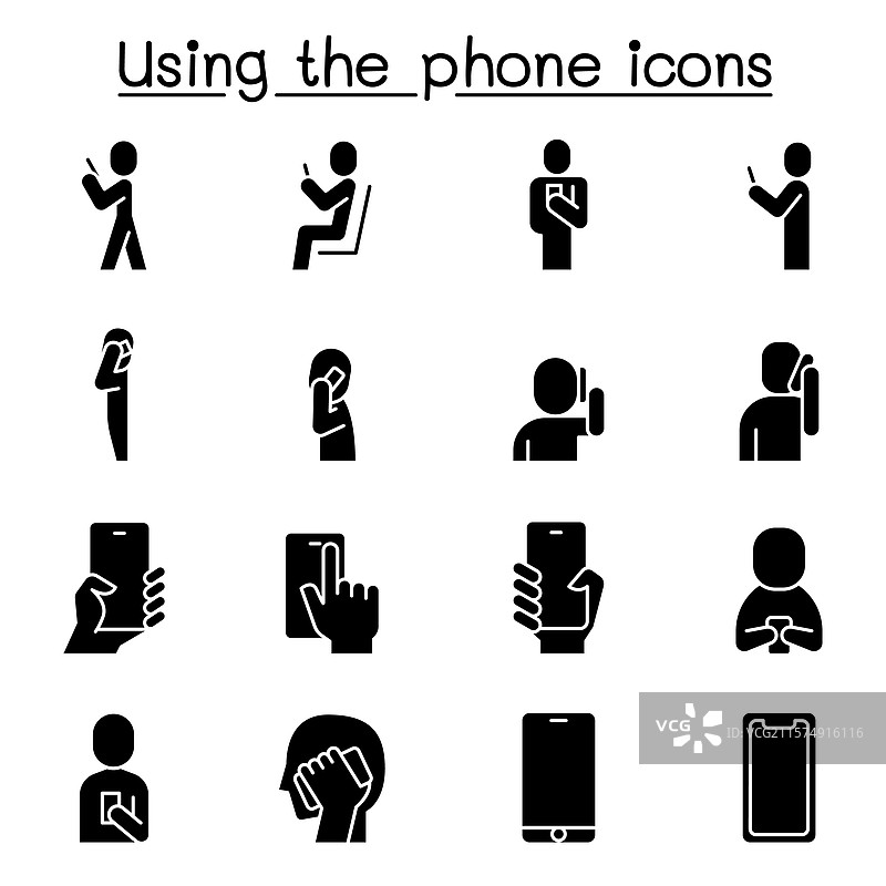 人们使用智能手机图标集（细线风格）图片素材