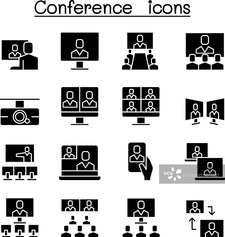 会议、研讨会图标集，采用图形风格设计图片素材