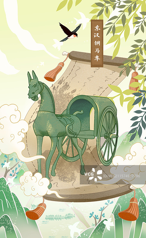 东汉铜马车插画图片素材