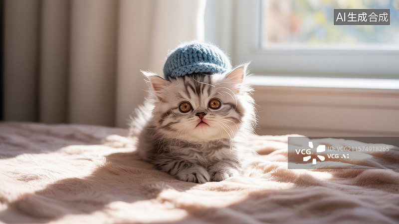 【AI数字艺术】戴蓝色帽子的可爱小猫图片素材