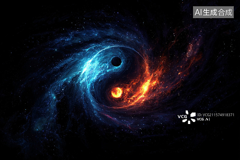 【AI数字艺术】黑色 橙色和蓝色的太极阴阳互动空间图片素材