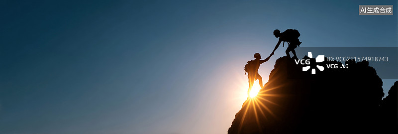 【AI数字艺术】两个人一起爬山团队合作概念图片素材