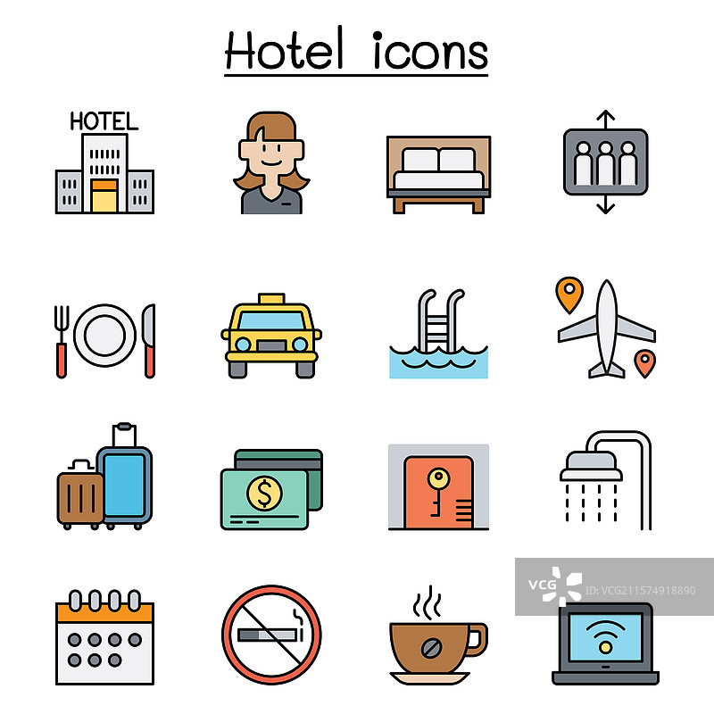 彩色线条风格的酒店图标集图片素材