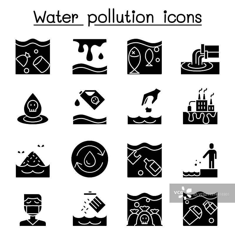 水污染生态问题图标集（填充风格）图片素材