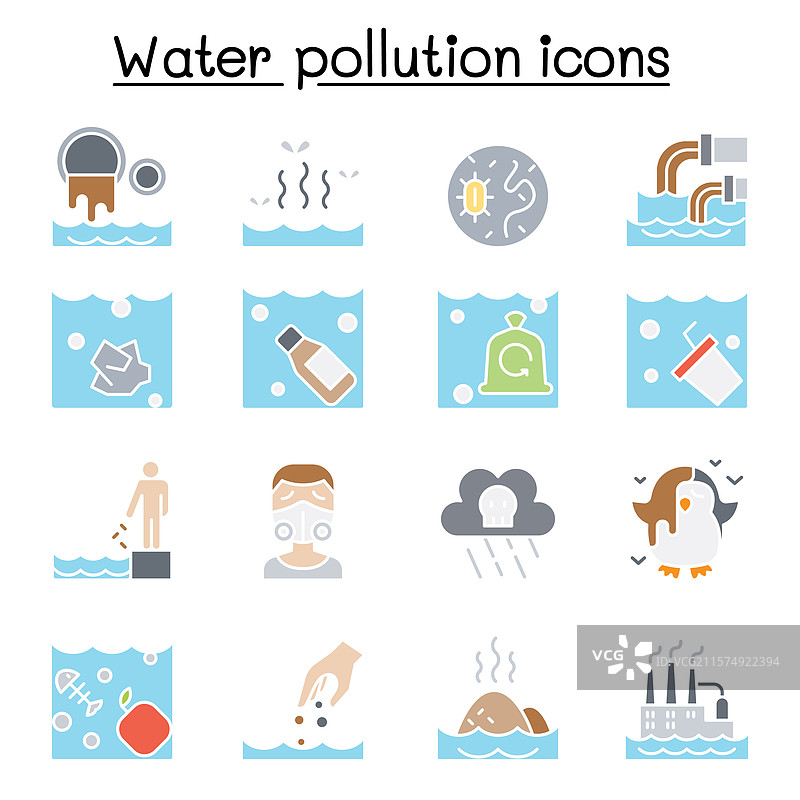 水污染图标集，采用扁平化色彩风格图片素材