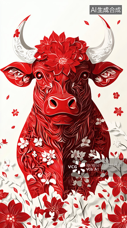 【AI数字艺术】传统剪纸，尖尖的牛角，健硕的野牛，牛年宣传海报图片素材