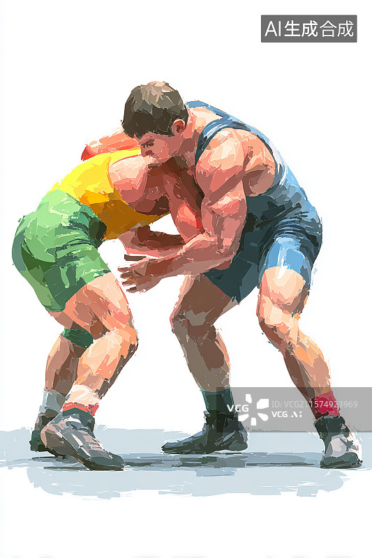 【AI数字艺术】白色背景，两名摔跤手，焦灼的比赛图片素材