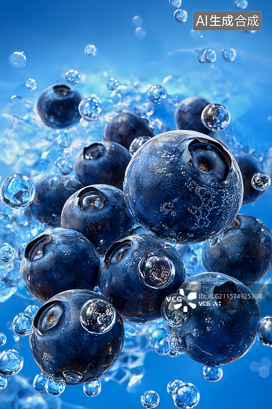 【AI数字艺术】新鲜的蓝莓落在蓝色背景的水中图片素材