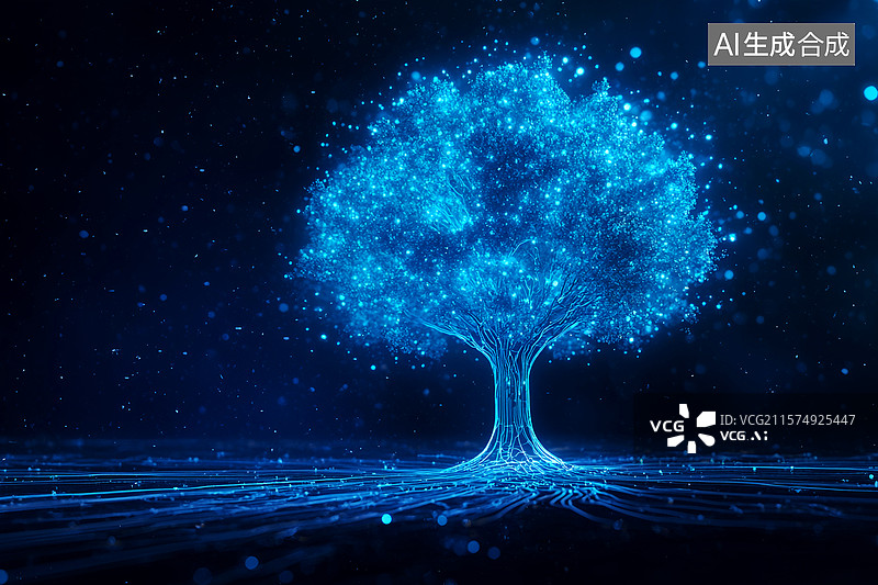 【AI数字艺术】【AI数字艺术】未来科技蓝色背景——发光粒子组成的大树图片素材