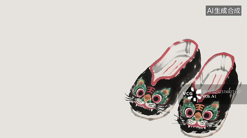 【AI数字艺术】虎头鞋水墨画背景居右图片素材