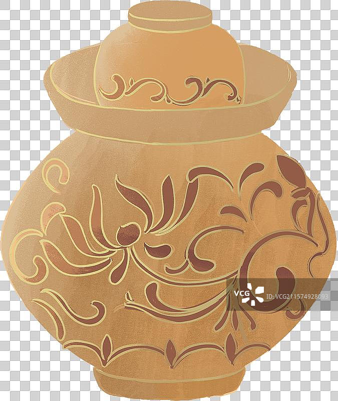 一个老酸菜泡菜腌菜带花纹坛子手绘插画图片素材