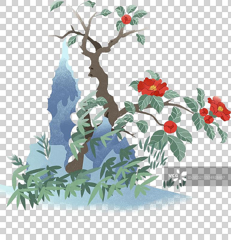 山石红茶花竹子草节气小寒大寒立春花卉国潮国风手绘插画图片素材