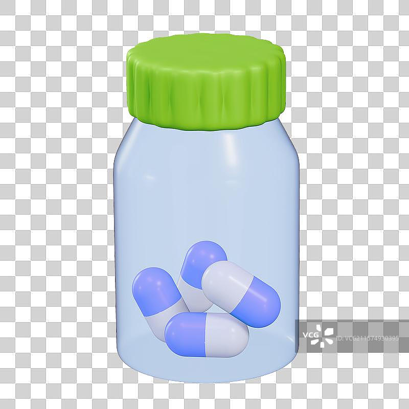 装着药丸的透明玻璃药瓶医疗3D卡通插画元素图片素材