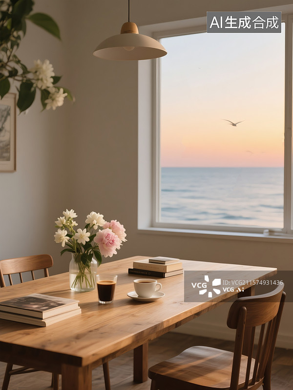 【AI数字艺术】窗外的海景，有海鸥，黄昏时分，桌上有茉莉花，芍药，咖啡，书籍，文艺治愈风格图片素材