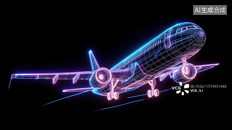 【AI数字艺术】数字霓虹灯飞机图片素材
