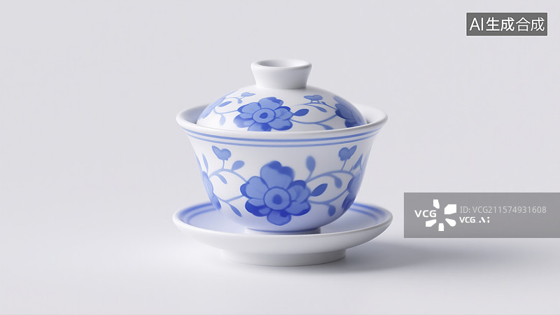 【AI数字艺术】优雅的青花瓷盖碗茶具3D卡通插画创意抽象商业背景传统文化融合财务增长与文化传承杂志海报和书籍封面设计图片素材