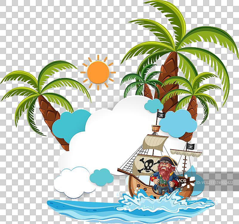 海盗船在棕榈树和阳光下航行图片素材