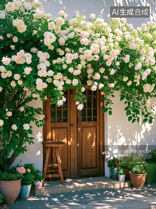 【AI数字艺术】田园风，白墙，木门，蔷薇花像瀑布一样覆盖在墙上，地上铺了厚厚的掉落的花瓣，意境唯美图片素材
